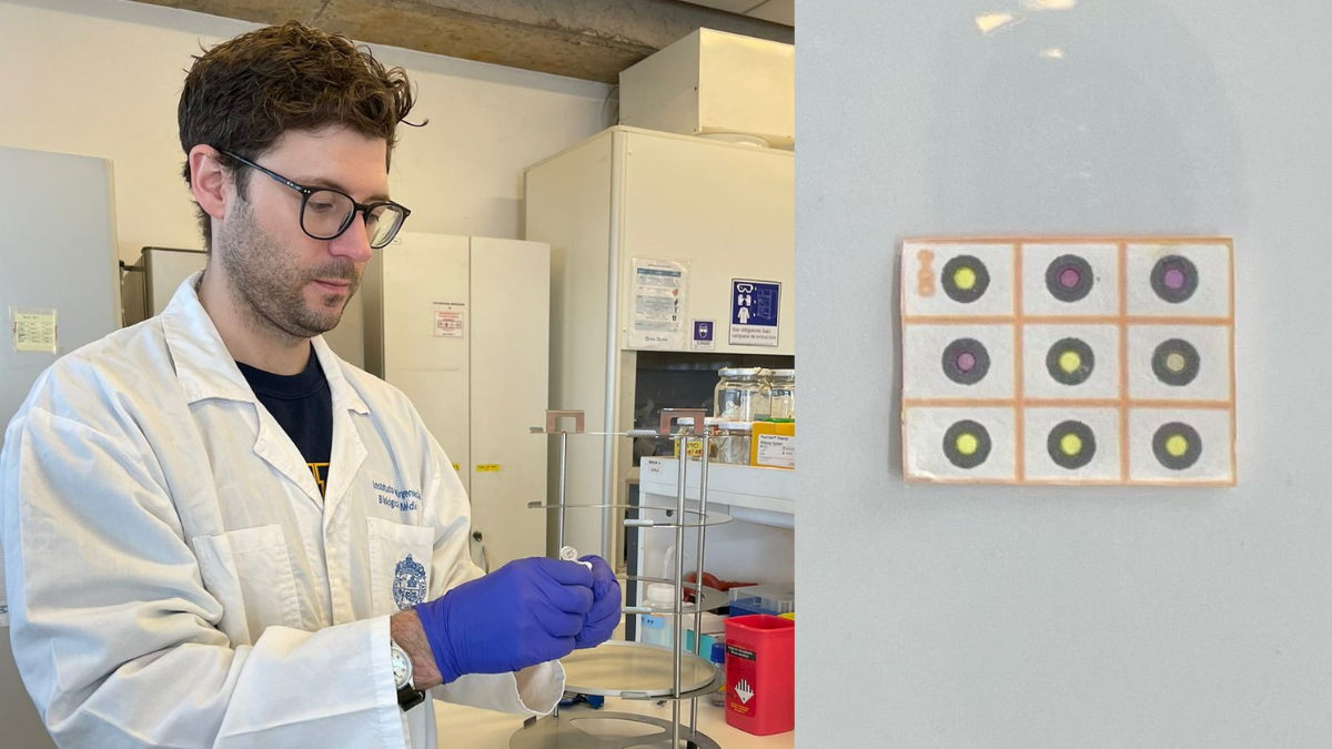 Justin Vigar wearing a lab coat and working in a lab. Next to a picture of a paper with 9 different coloured dots