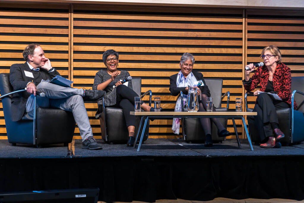 From left: Panel chair, Don Sheppard shares a light moment with keynote speakers Senjuti Saha, Kanta Subbarao and Inger Damon during the panel discussion session.